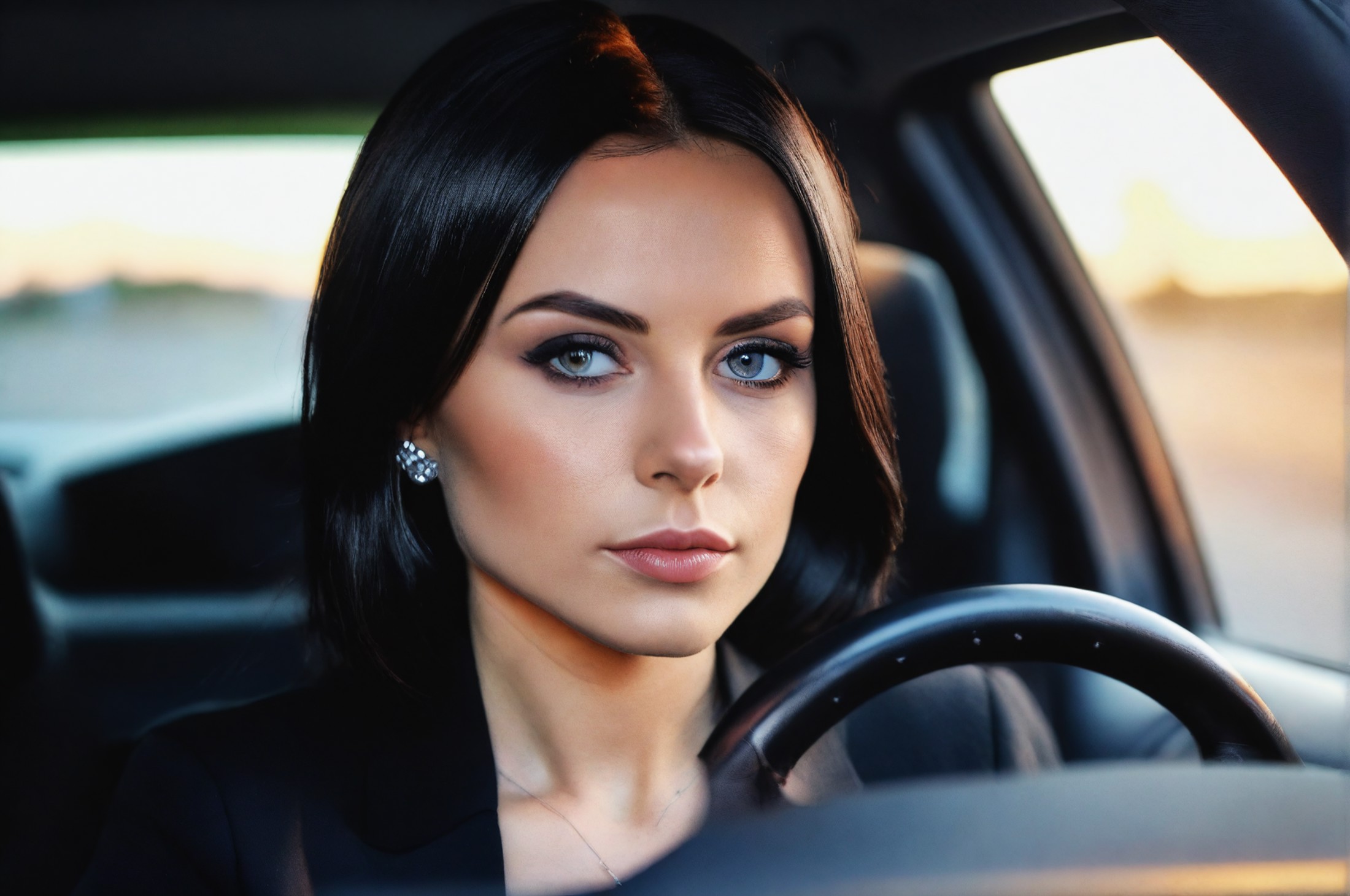 portrait of charming beautiful caucasian girl driving a black car, black suit, temperament, elegance, 25 years old, big ti...